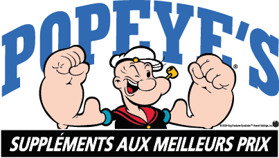 A cartoon character with large muscular arms wearing a sailor outfit is smiling under the bold blue text “POPEYE'S" with a black banner below containing French text about supplements at the best prices. Description generated by AI