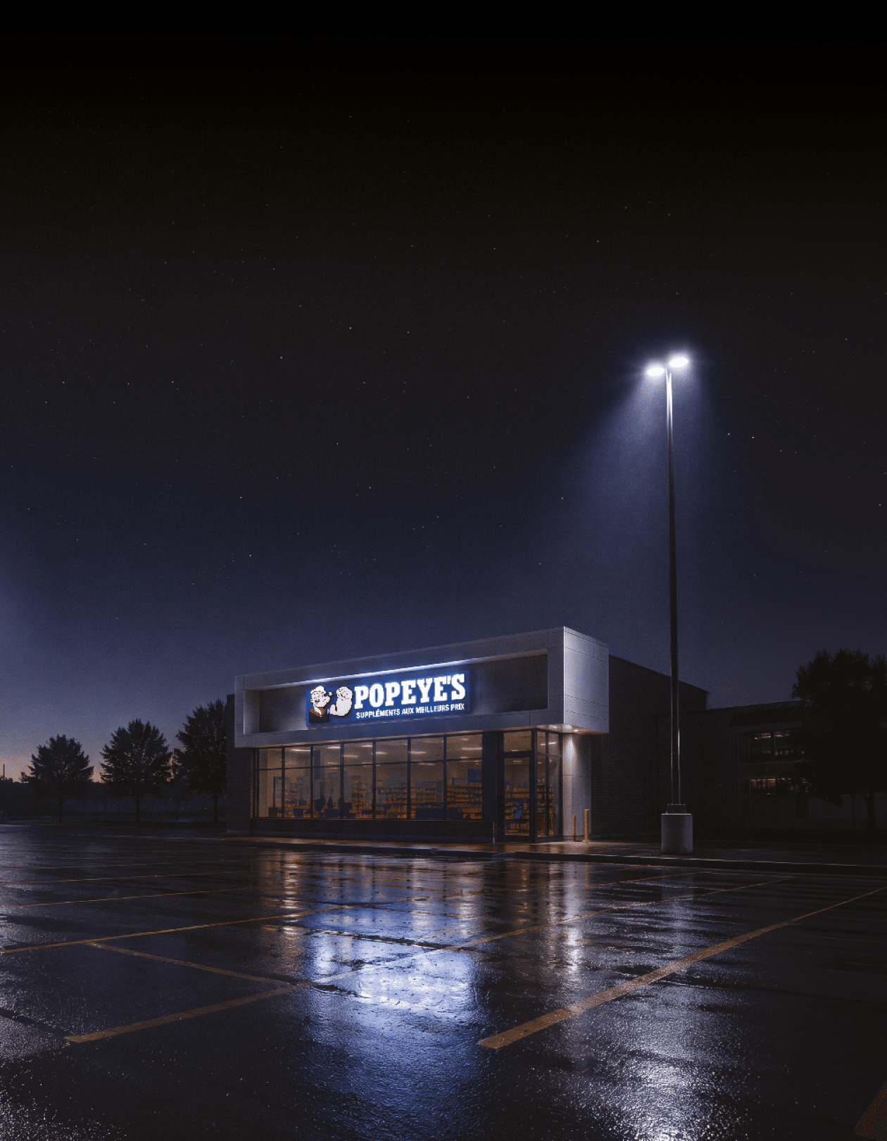 A brightly lit Popeyes restaurant stands alone in a wet, empty parking lot under a dark, starry sky. Description generated by AI