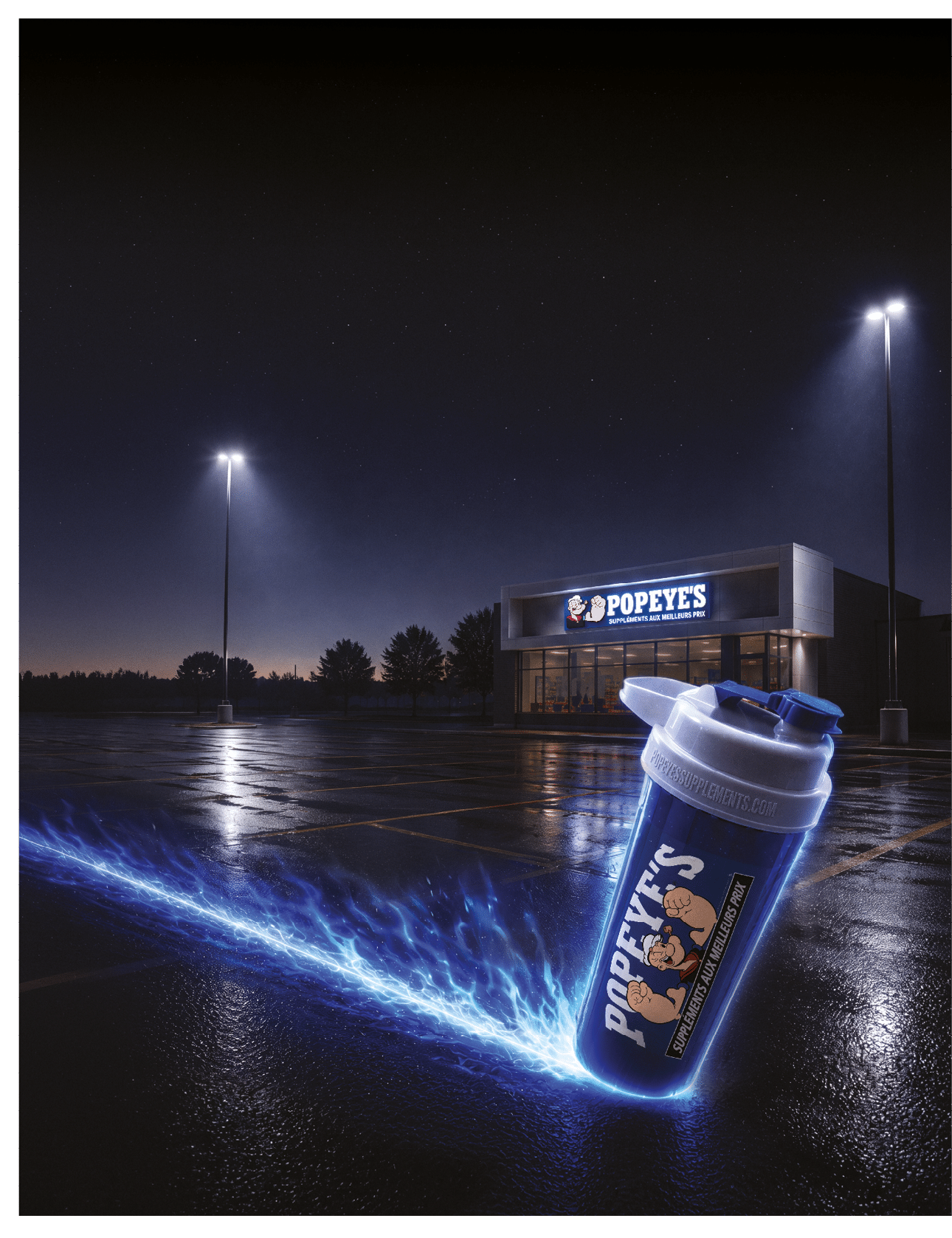 A glowing blue Popeye's-branded shaker bottle is depicted with electric light effects in an empty, wet parking lot at night in front of a lit Popeye's restaurant. Description generated by AI